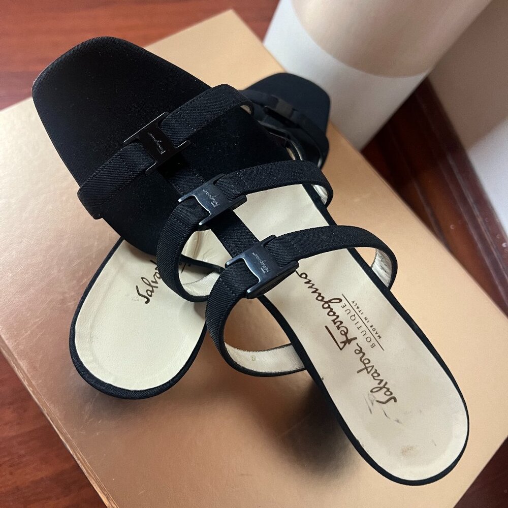 Salvatore Ferragamo Women's Size 7B Black Strap Slip On Sandal 2" Heel 'Nepos'